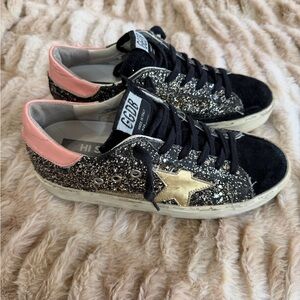 Golden Goose Black and Pink Glitter Athletic Shoes